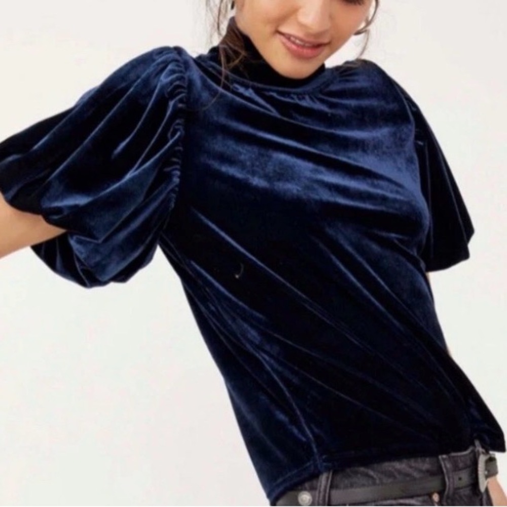 FREE PEOPLE BLUE Claudia Velvet Mock Neck Women's short sleeve bohemian Top XS